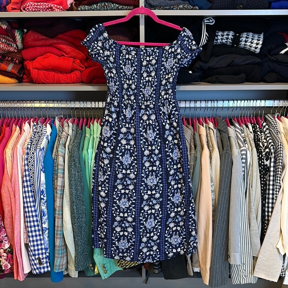 Old Navy blue and tan floral print smocked off the shoulder dress size S